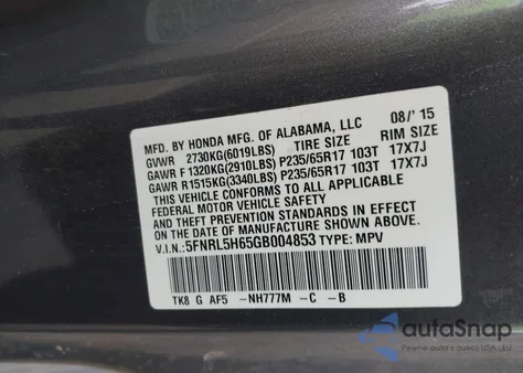 2016 Honda Odyssey Ex-L z USA, uszkodzony, nr VIN 5FNRL5H65GB004853